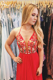 Red Chiffon Long Prom Dresses with Side Slit Embroidery Applique Long Evening Dresses N1266