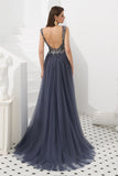 Luxury Gray V-Neck Sleeveless Tulle Long Prom Dresses with Beads Crystal N2283