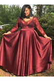 A Line V-Neck Satin Prom Dresses with 3/4 Sleeves Floor Length Appliques Plus Size Dresses N2215