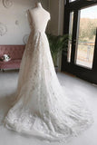 A Line Ivory Deep V-Neck Appliques Long Wedding Dresses Cap Sleeve Beach Wedding Dresses N2465