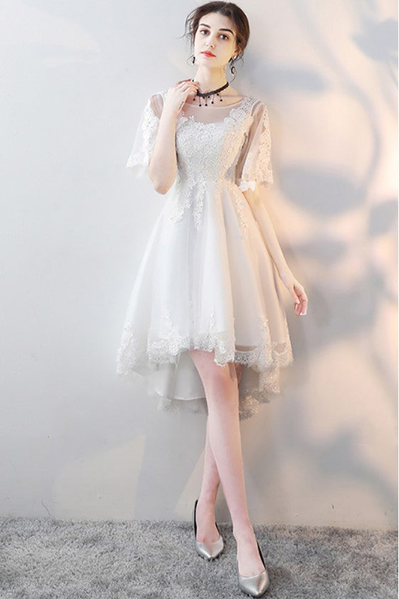White Lace Short Party Dresses High Low Tulle Homecoming Dresses with Half Sleeves N1909