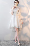 White Lace Short Party Dresses High Low Tulle Homecoming Dresses with Half Sleeves N1909