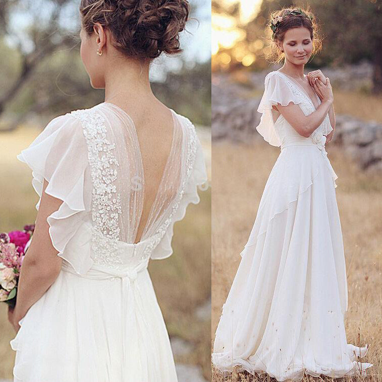 Ivory V-Neck Chiffon Boho Wedding Dress Unique Cap Sleeves Beach Wedding Dress with Ruffles N2505