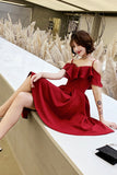 Burgundy Straps Off the Shoulder Knee Length Homecoming Dresses with Ruffles N1960