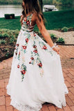 A Line V-Neck Sleeveless Floral Appliques Lace Prom Dresses