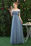 Off The Shoulder Dusty Blue Tulle Floor Length Bridesmaid Dresses N2322