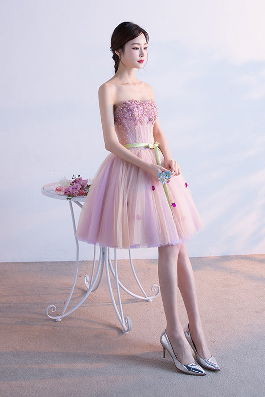 Pink Sweetheart Tulle Beaded Homecoming Dresses with Ribbon N1728