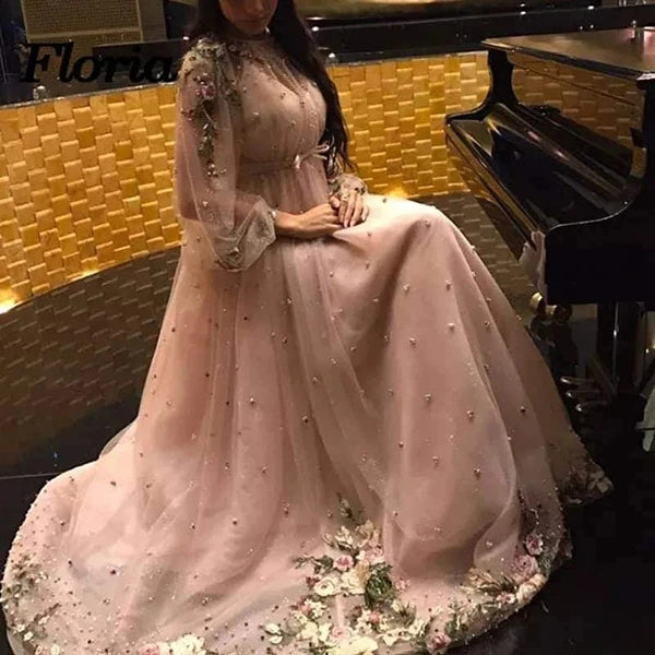 Unique Long Sleeves Tulle Prom Dresses with Flowers Charming Formal Dresses with Flowers N2612