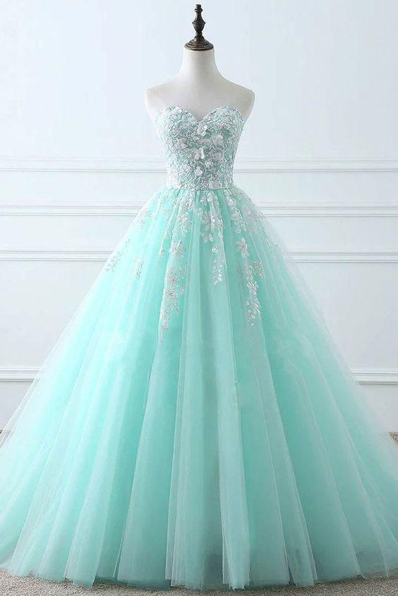 Tiffany Blue Sweetheart Puffy Tulle Prom Dress with Lace Appliques, Long Graduation Dress N2545