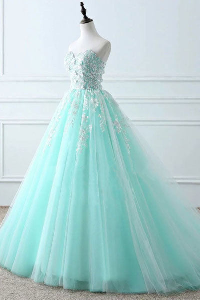 Tiffany Blue Sweetheart Puffy Tulle Prom Dresses with Lace Appliques Long Graduation Dresses N2545