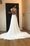 A Line Sleeveless Chiffon Lace Appliques Long Train Wedding Dress N2568