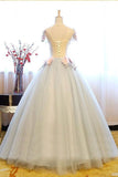 Ball Gown Sheer Neck Tulle Party Dress with Flowers Floor Length Long Prom Dress N1302