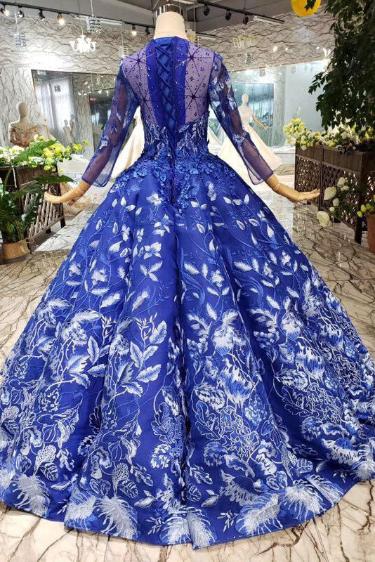 Blue Ball Gown Floral Prom Dresses with Long Sleeves Appliqued Long Quinceanera Dresses N1638