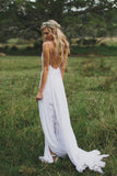 Boho Spaghetti Straps Wedding Dresses Long Lace Beach Wedding Gown N960