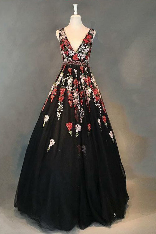 Black V Neck Long Prom Dress, A Line Tulle Sleeveless Appliqued Evening Dress N1477