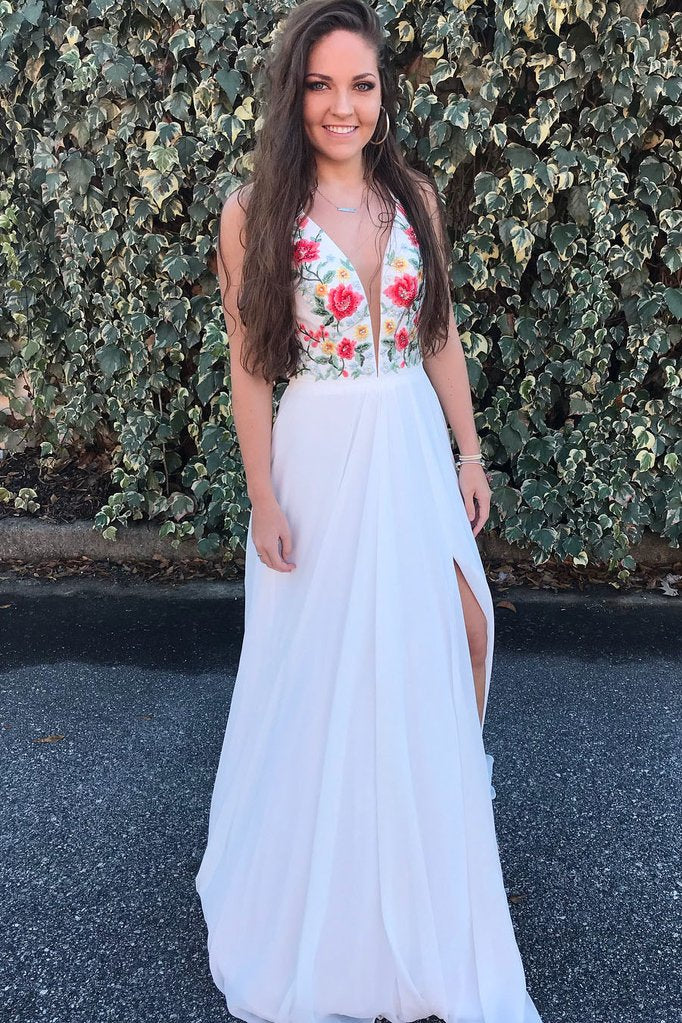 Red Chiffon Long Prom Dresses with Side Slit Embroidery Applique Long Evening Dresses N1266