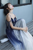 Blue Ombre Spaghetti Straps Long Prom Dress with Tassels Unique Evening Dress N2659