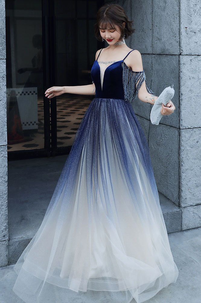 Blue Ombre Spaghetti Straps Long Prom Dress with Tassels, Unique Evening Dress N2659