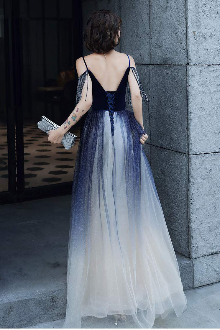 Blue Ombre Spaghetti Straps Long Prom Dress with Tassels Unique Evening Dress N2659