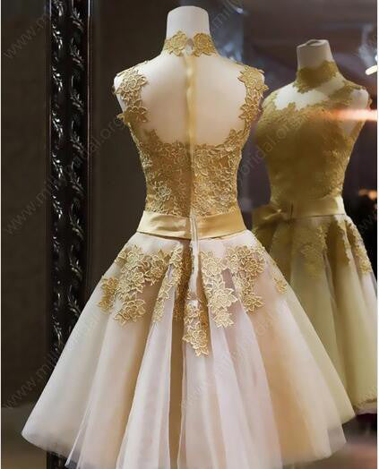 High Neck Tulle Appliques Sleeveless Homecoming Dresses with Bowknot