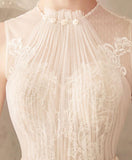 Ivory Jewel Sleeveless Tulle Wedding Dresses with Lace A Line Pleats Open Back Bridal Dresses N2583