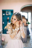 A Line Long Sleeves Lace Appliqued Open Back Wedding Dresses