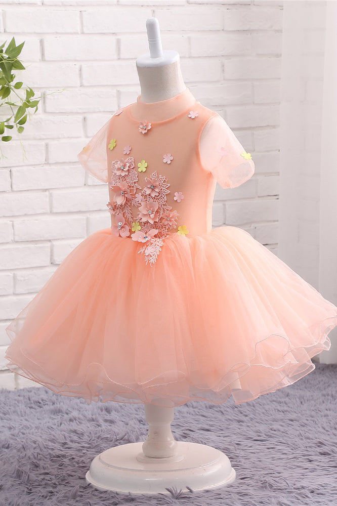 Cute Peach Short Flower Girl Dresses For Weddings High Neck Short Sleeves Dresses F062