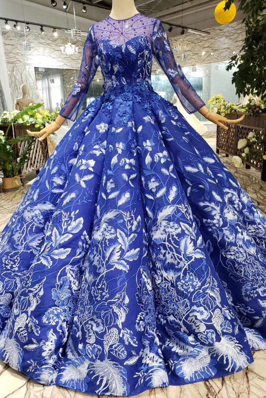 Blue Ball Gown Floral Prom Dress with Long Sleeves, Appliqued Long Quinceanera Dress N1638