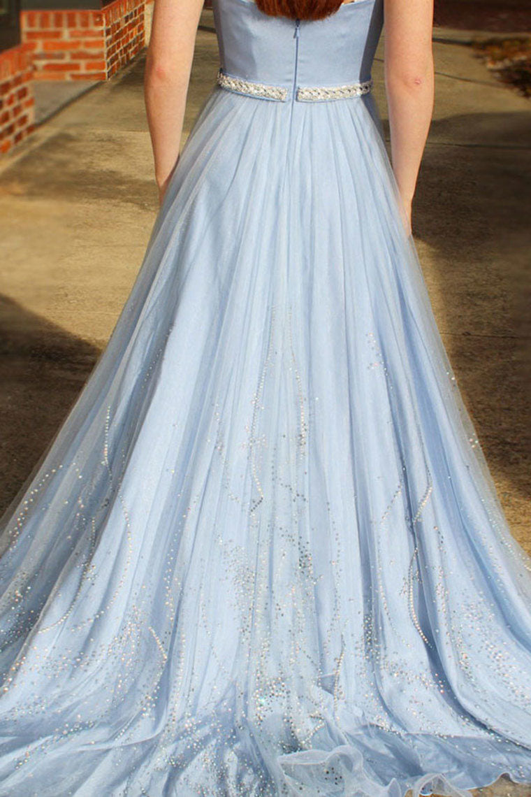 Strapless A Line Satin Prom Dresses with Beading Waist Unique Long Evening Dresses N1181