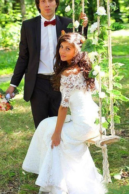 Mermaid Off-the-Shoulder Half Sleeves Lace Wedding Dresses Vintage Trumpet Bridal Dresses N747