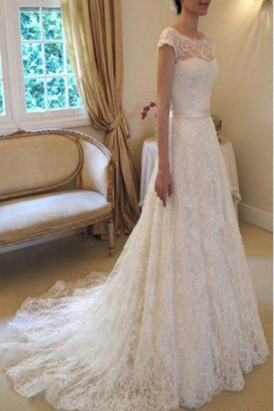 Cap Sleeve Lace Wedding Dresses Long Bridal Dresses With Court Train Ivory Beach Wedding Dresses