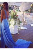 Blue Sleeveless V-Neck Split Court Train Prom Dresses N736