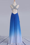 Elegant Beading Straps Cross Back Gradient Blue Ombre Prom Dress N1603