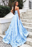 Sky Blue Strapless Satin Prom Dresses with Flowers Elegant Party Dresses with Pockets N2610
