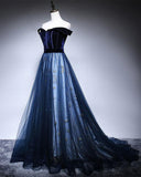 Dark Blue Velvet Tulle Long Prom Dresses Elegant Off the Shoulder Evening Dresses with Sleeve N2608