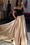 A Line Off the Shoulder Long Prom Dress, Floor Length Sexy Evening Dress with Black Top