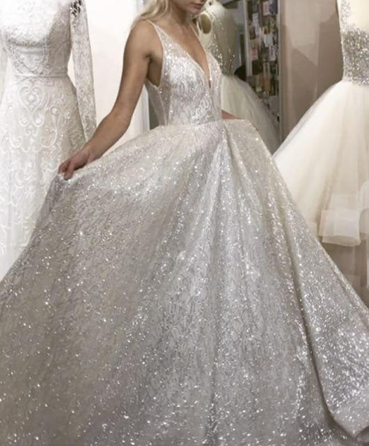 Ivory Sparkly V-Neck Sleeveless Backless Floor Length Prom Dresses N683