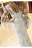 Mermaid White V-Neck Lace Appliqued Evening Dresses with Sleeves N2026