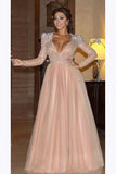 Elegant Long Sleeve Formal Dress with Beads, A Line Sparkle V Neck Evening Dresses