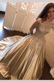 Chic Gold Off Shoulder Long Sleeve Ball Gown Appliques Satin Prom Dress, N1329