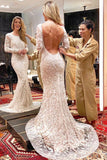 Ivory Backless Long Sleeves Mermaid Lace Wedding Dresses