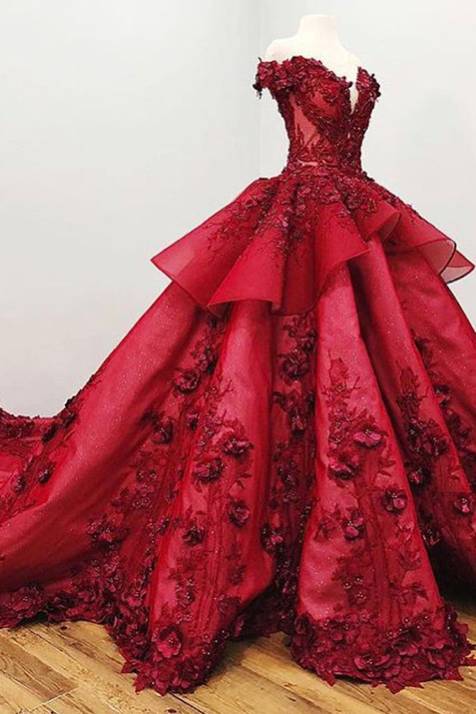 Gorgeous Ball Gown Prom Dress with Beading, Long Quinceanera Dress with Flowers 