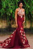 Gorgeous Burgundy Mermaid Prom Dresses Long Appliqued Sleeveless Evening Dresses N1257