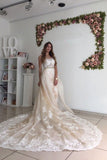 Champagne Wedding Dress with Lace, Long Wedding Dresses with Detachable Train N1587