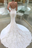 Strapless V-neck Mermaid Court Train Appliques Lace Wedding Dresses