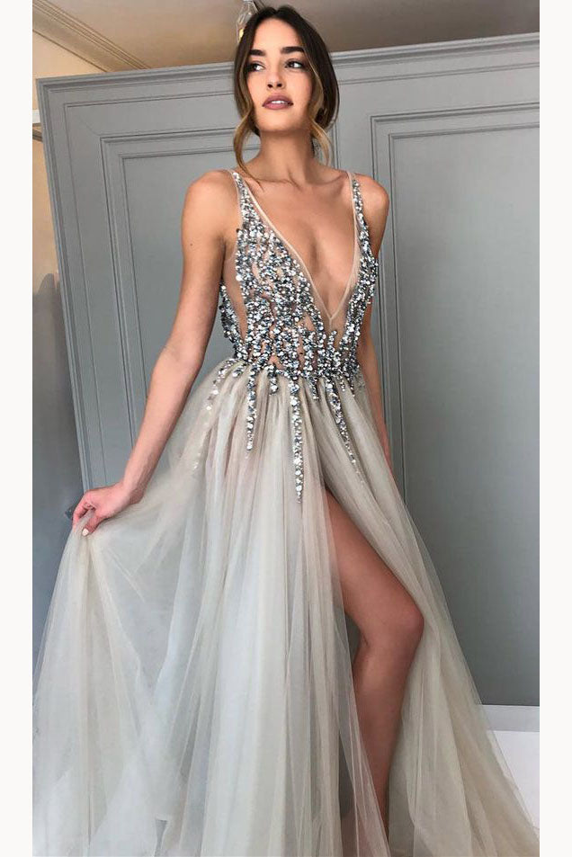 Gray Sequined Deep V Neck Prom Dress with Left Slit, A Line Tulle Evening Dress N1248