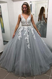 Gray V Neck Long Prom Dress for Teens, Puffy Appliqued Prom Dresses with Beading N1437