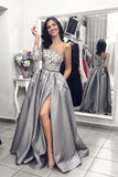 One Shoulder Grey Long Sleeves Side Slit Prom Dresses