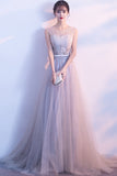 Gray Sleeveless Tulle Long Prom Dress with Beads, A Line Formal Dress with Flowers