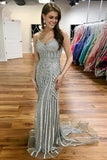 Gray Spaghetti Strap Sparkly Evening Dress, Sexy Long Mermaid Prom Dress